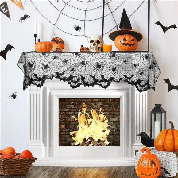 Halloween Lace Window Curtain Spider Web Bats Door Curtain Halloween Decor - Picture 3 of 6